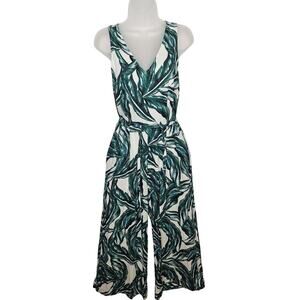 Who What Wear Linen Wide Leg Jumpsuit Small Palm Leaf Sleeveless Tie Back Resort